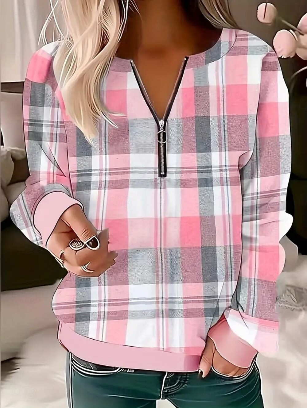 Womens Casual Plus Size Pink Plaid Quarter Zip Top XXL Pullover Lightweight